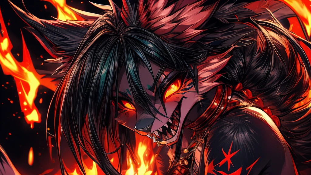 Miku Hatsune, add high definition_detail:1, blue fur,kitsune ears, tribal tattoo add_detail:1, in hell add_detail, devilish girl, batwigs agregar_detail Ferocious fangs, sharp teeth, Demon yokai kitsune