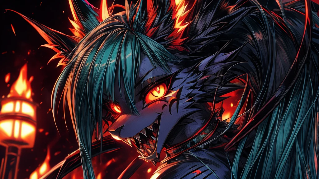 Miku Hatsune, add high definition_detail:1, blue fur,kitsune ears, tribal tattoo add_detail:1, in hell add_detail, devilish girl, batwigs agregar_detail Ferocious fangs, sharp teeth, Demon yokai kitsune