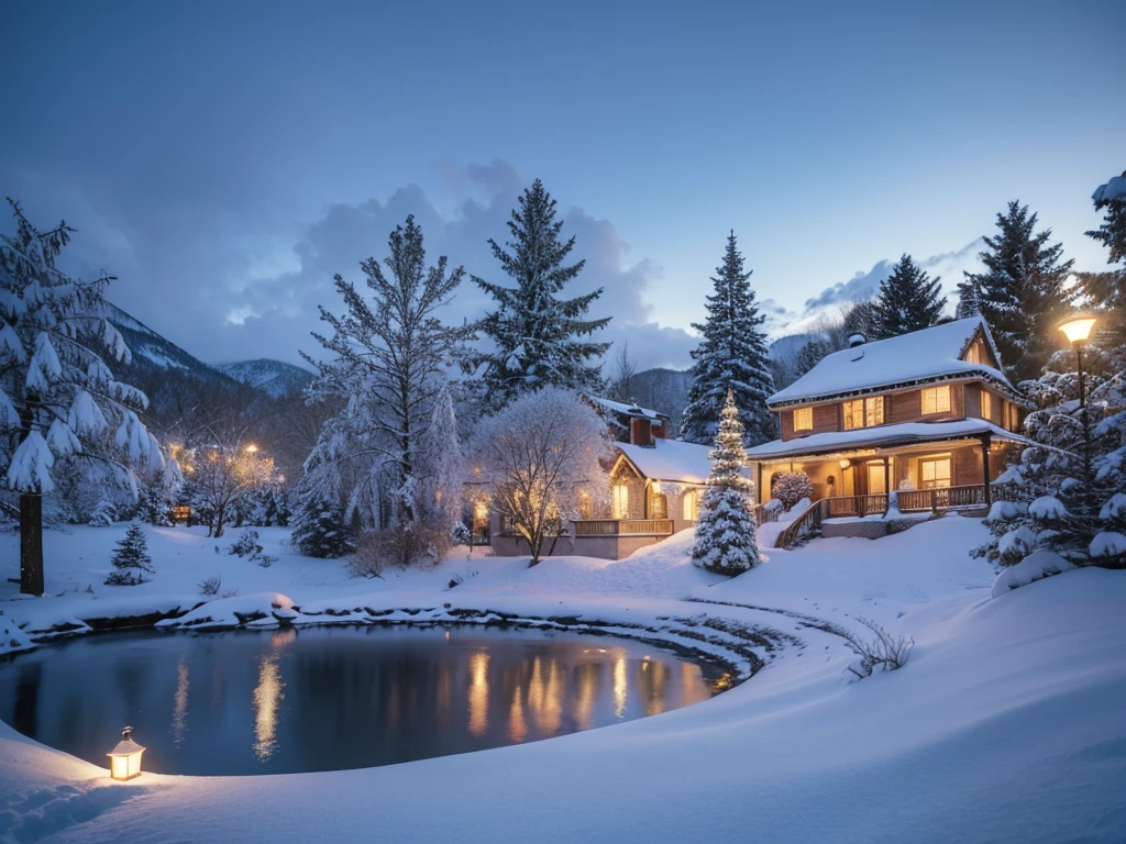 A beautiful winter landscape, 1 Christmas tree, snow-covered mountains, a frozen lake, warm cozy lighting, magical atmosphere, (best quality,4k,8k,highres,masterpiece:1.2),ultra-detailed,(realistic,photorealistic,photo-realistic:1.37),3D rendering,highly detailed,intricate details,vivid colors,dramatic lighting,volumetric fog,cinematic composition,snow, icicles, holiday decorations, warm color tones
