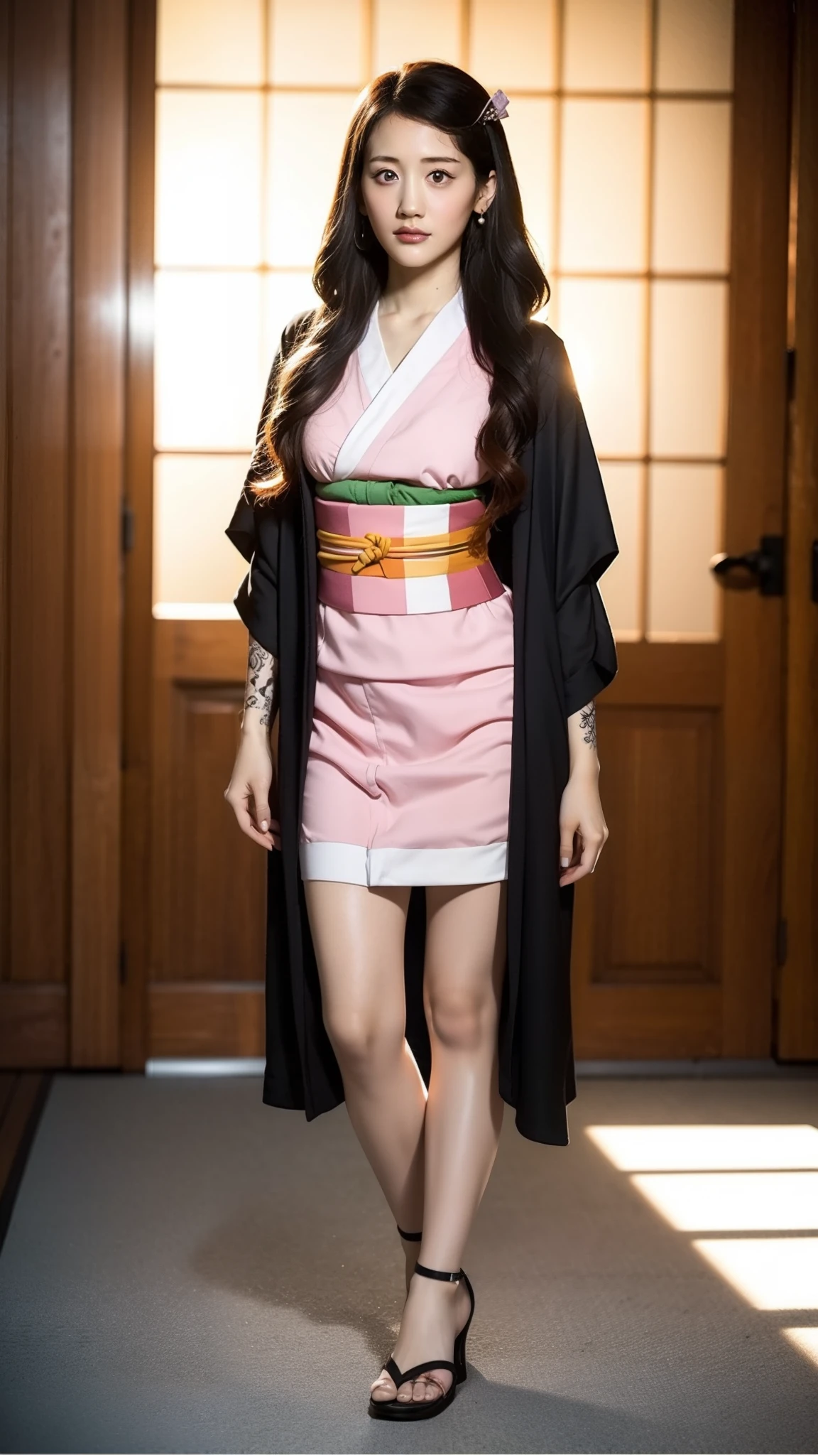 Female, (16 years old), (Very cute face), Moist skin, (Pink and bright eyes), (Full body: 1.4),
BREAK,
(Very beautiful warrior: 1.3), (Kicking: 1.3),
BREAK,
Earrings, Short length, (Black grass tattoo on body: 1.3), (Full body: 1.4),
BREAK,
(Cute kimono: 1.2), (Black haori: 1.2),
BREAK,
(Super long hair), (Light gray hair: 1.2), (Gradient hair: 1.3), (Red tips: 1.3),
BREAK,
(Realistic: 1.3), Masterpiece, Perfect lighting, (Ultra high resolution), (8K), (Highly detailed: 1.4), (Full body: 1.4), (Symmetrical: 1.2), (One shot),
BREAK,
(Japanese city: 1.2),
BREAK,
(Demon Slayer: 1.4), (Haruka Ayase: 1.3), (Nezuko Kamado),