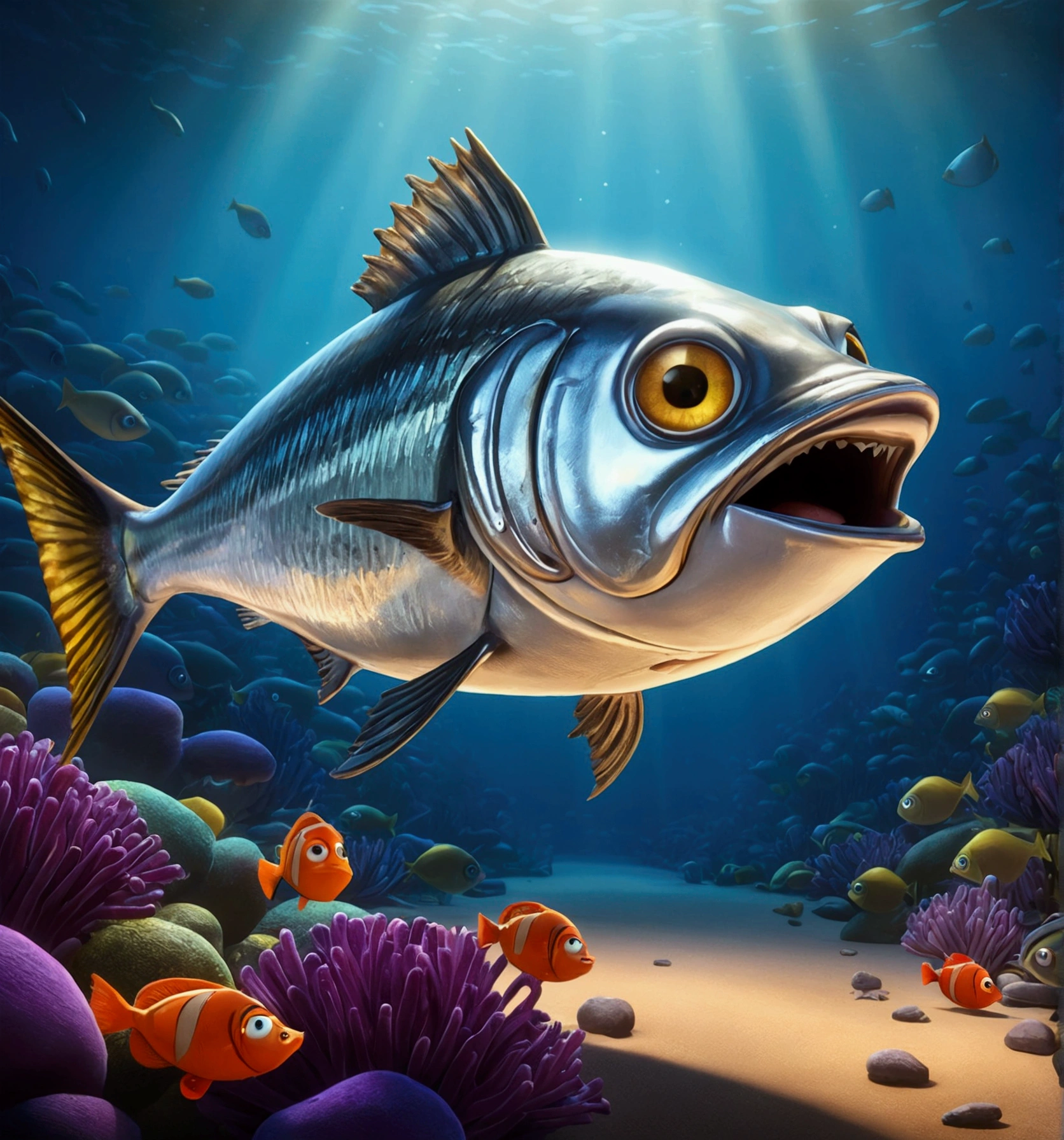 A sardine, pixar cartoon style,masterpiece, best quality