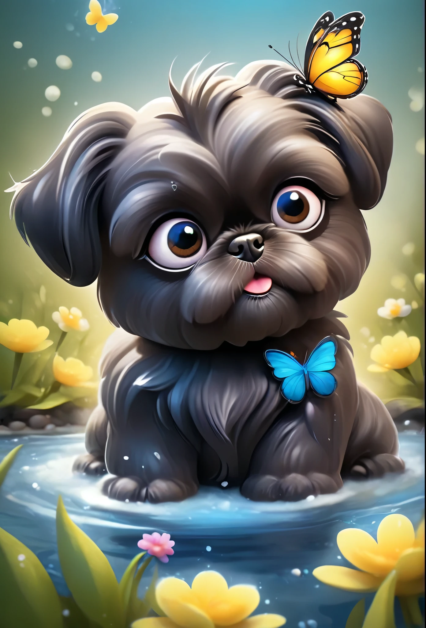 2 adorable very small very black Shih Tzu puppies with big bright blue eyes,extremely detailed eyes and face,longeyelashes,wearing blue collars and sunglasses,playing in creek,butterflies and flowers in background,3D Pixar style,photorealistic,masterpiece,vibrant colors,studio lighting,ultra-detailed,sharp focus,physically-based rendering,professional
