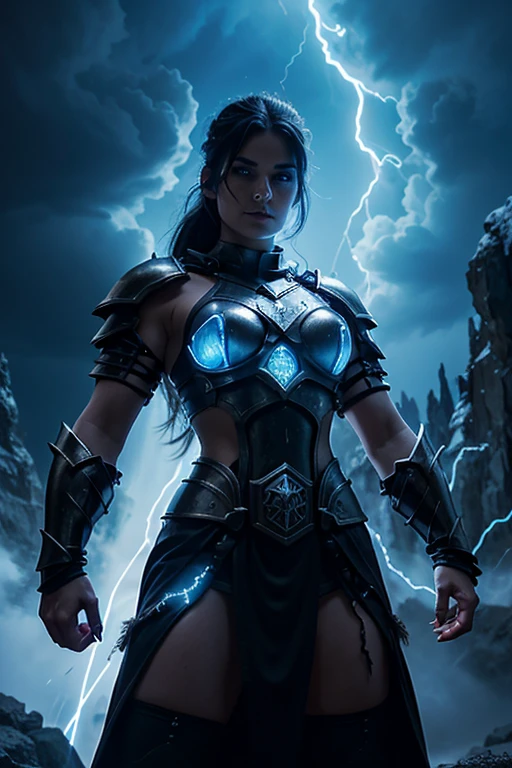 evil beautiful and muscular, Nordic female, towering storm Giantess with blue black hair in a ponytail, older and mature woman, throwing a lightning ball, glowing tattoos, wearing steel runic plate mail Armour , temple cave background with lightning storm, glowing blue eyes, square jaw, powerful and imposing, winter clothing