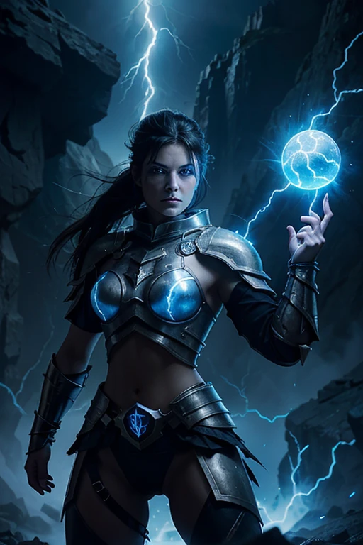 evil beautiful and muscular, Nordic female, towering storm Giantess with blue black hair in a ponytail, older and mature woman, throwing a lightning ball, glowing tattoos, wearing steel runic plate mail Armour , temple cave background with lightning storm, glowing blue eyes, square jaw, powerful and imposing, winter clothing