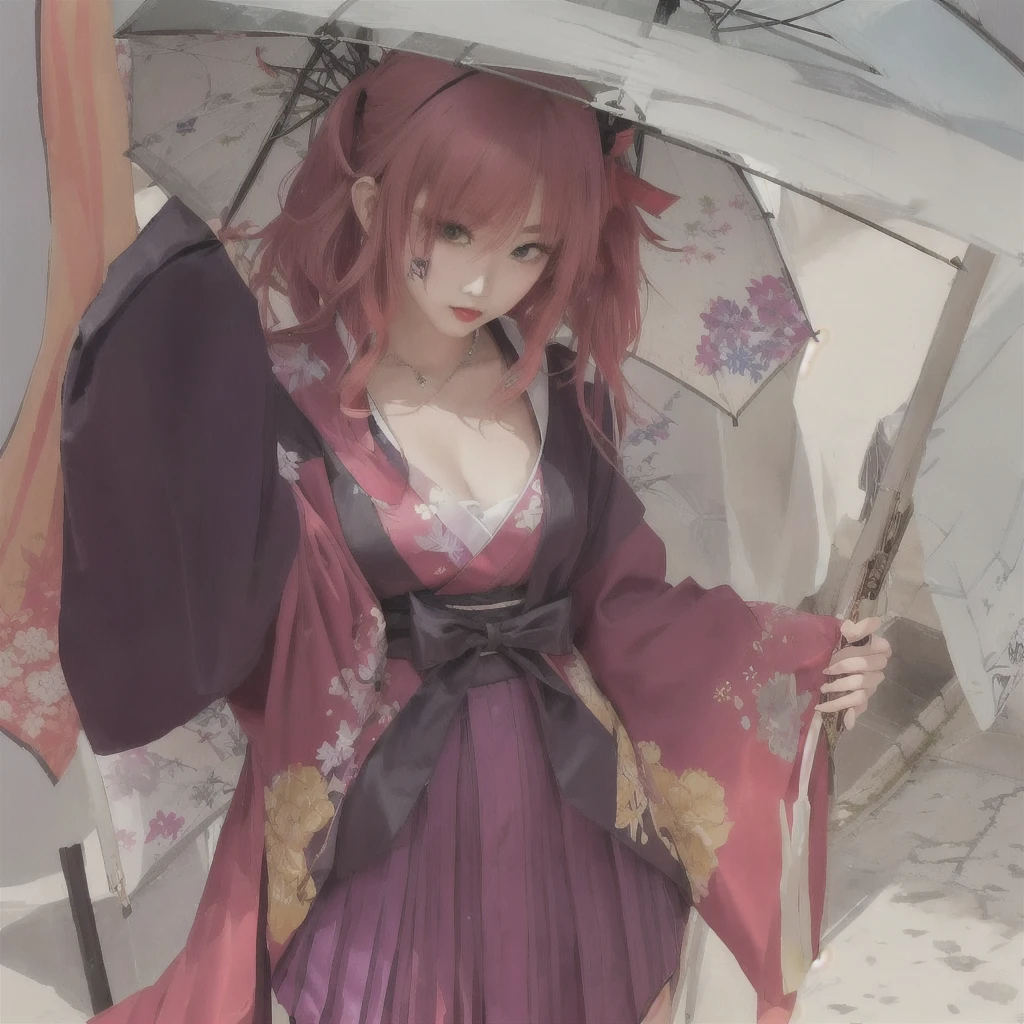 Anime Girls in a kimono outfit holding an umbrella in her hand, from East, in Kimono, East character, Zerochan Art, in a kimono, Pixiv style, Pixiv contest winner, From Kenshin, (Anime Girls), Beautiful anime artwork, East, East project, Pixiv, sayori, digital art on Pixiv, 着物A 17-year-old Japanese girl with vibrant hair colors, long hair, daring hair styling, slender figure, plump cheeks. She embodies the punk rock aesthetic, dressed like a punk rocker with bold attire, large sunglasses, a defiant expression. She stands at 170 centimeters tall, weighs 30 kilograms, wears long boots, with her thighs visible under a red pleated skirt. Adorned with numerous silver accessories. Depict with distinct outlines, using colors other than black for the outlines, using colorful hues for the outlines. She's into girls' rock, punk, Electric guitar, vibrant colors, stages, and backed by a band. An underground clubhouse with colorful lighting amidst the darkness. Colorful candies resembling mountains of treats are plentiful, strewn all around. A tall, well-built man with blonde hair is present, adorned with tattoos, a nose piercing, and a split tongue.