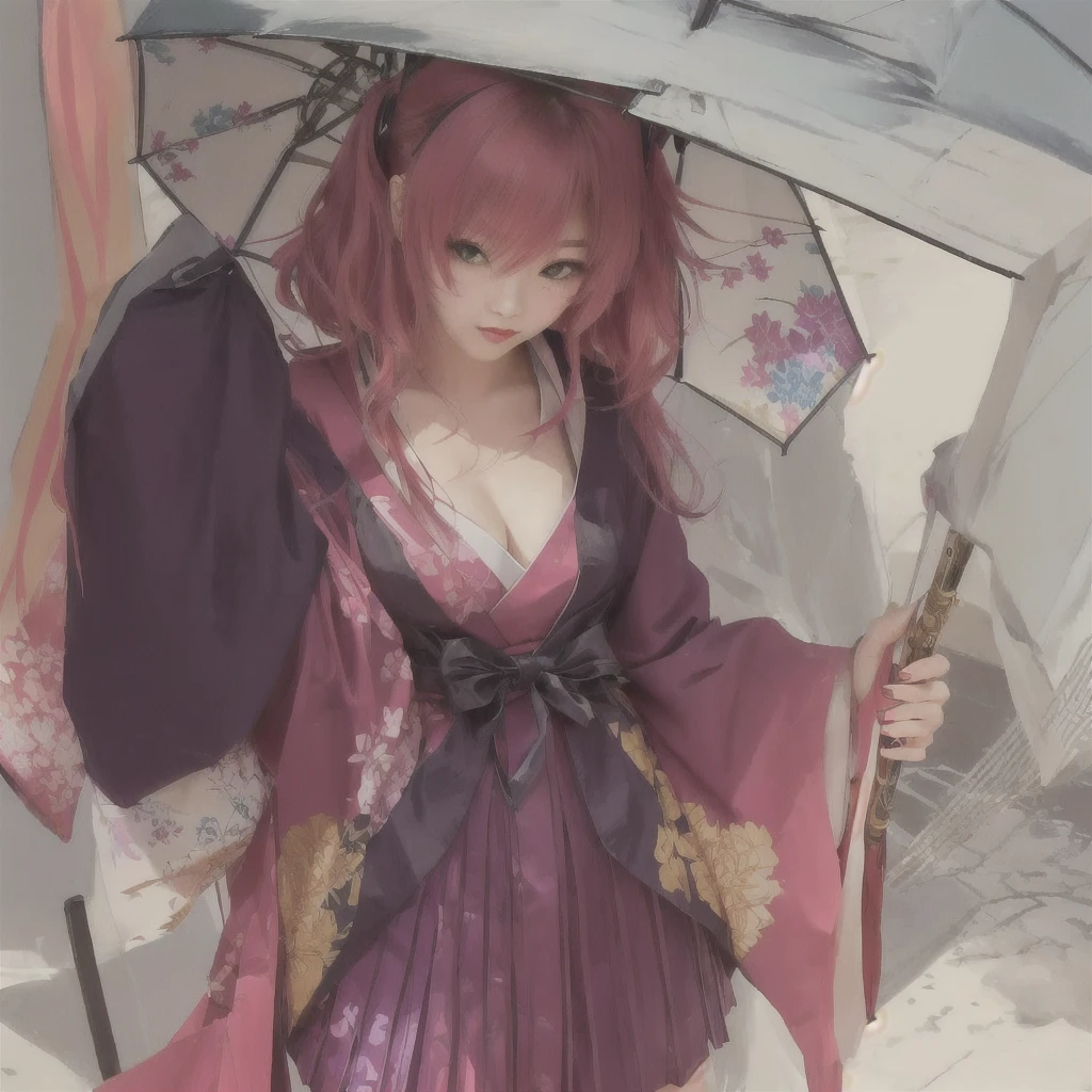 Anime Girls in a kimono outfit holding an umbrella in her hand, from East, in Kimono, East character, Zerochan Art, in a kimono, Pixiv style, Pixiv contest winner, From Kenshin, (Anime Girls), Beautiful anime artwork, East, East project, Pixiv, sayori, digital art on Pixiv, 着物A 17-year-old Japanese girl with vibrant hair colors, long hair, daring hair styling, slender figure, plump cheeks. She embodies the punk rock aesthetic, dressed like a punk rocker with bold attire, large sunglasses, a defiant expression. She stands at 170 centimeters tall, weighs 30 kilograms, wears long boots, with her thighs visible under a red pleated skirt. Adorned with numerous silver accessories. Depict with distinct outlines, using colors other than black for the outlines, using colorful hues for the outlines. She's into girls' rock, punk, Electric guitar, vibrant colors, stages, and backed by a band. An underground clubhouse with colorful lighting amidst the darkness. Colorful candies resembling mountains of treats are plentiful, strewn all around. A tall, well-built man with blonde hair is present, adorned with tattoos, a nose piercing, and a split tongue.