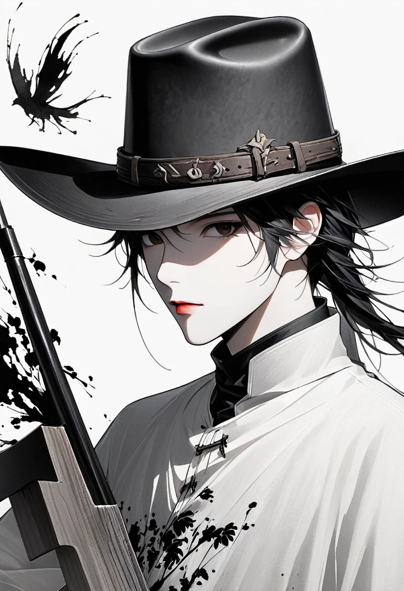 Art Ink Painting，Three-dimensional ink painting，Minimalism，Minimalism图形艺术，Clean background，古韵White space，White space，大面积White space，Textured Matte，Low saturation，Minimalism构图，Main Composition。A western cowboy