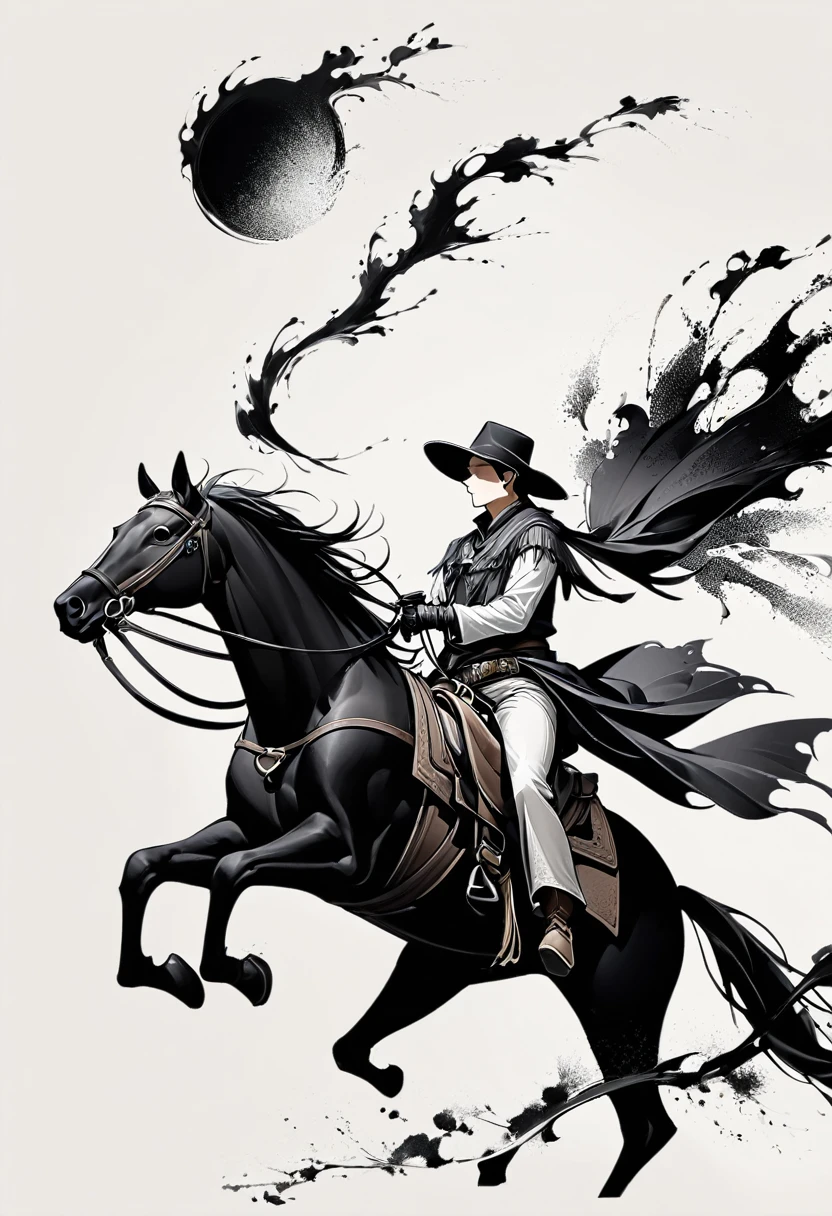 Art Ink Painting,Three-dimensional ink painting,Minimalism,Minimalism图形艺术,Clean background,古韵White space,White space,大面积White space,Textured Matte,Low saturation,Minimalism构图,Main Composition。A western cowboy