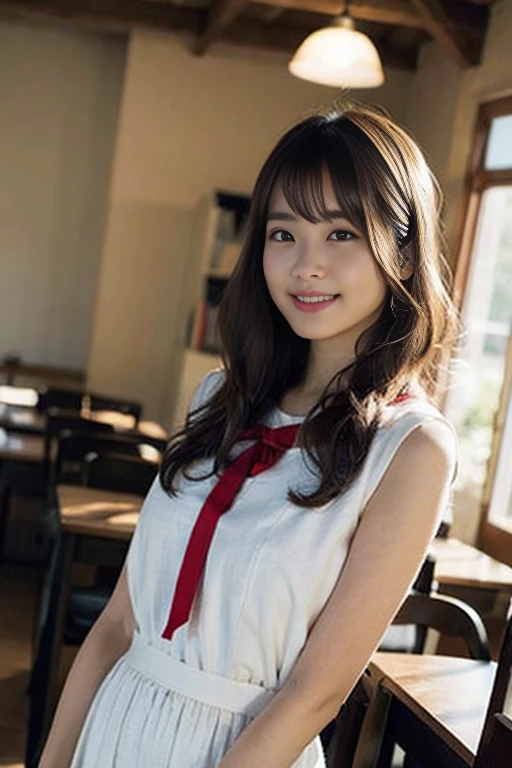 (8k、RAW Photos、Highest quality、masterpiece:1.2)、(Realistic、Photorealistic:1.37)、Ultra-detailed、Ultra-high resolution、1 girl、Seeing the viewer、Beautifully detailed face、Laughter、narrow、(Narrow waist) :1.3)、Beautifully detailed skin、Skin Texture、Floating Hair、Professional Lighting、whole body、Long Hair、Japanese Height 、Sailor suit、classroom、Bob Hair、Panty shot、Gray fabric underwear、E Cup、Smile、16 years old、Red ribbon