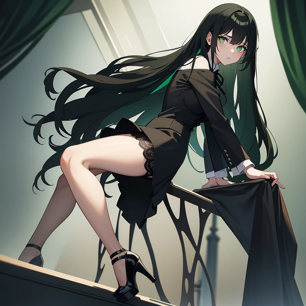 A young woman wearing black lace panties, with a lot of long black pubic hair, light green long hair, light green eyes, wearing a black suit, a short office skirt, and black high heels.