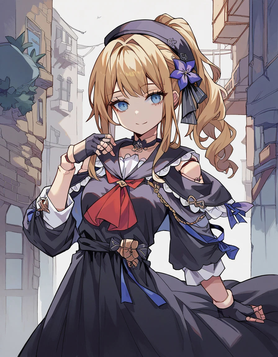 score_9, score_8_up, score_7_up, 1 girl, hsrherta, doll joints, (blonde ponytail hair, blue eyes), skinny, black robe, capelet, red ascot, fingerless gloves, smiling, posing, looking at viewer, small breasts, victorian alley, mist