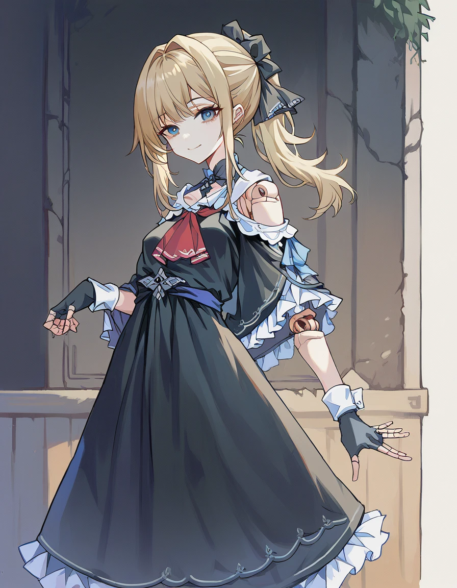 score_9, score_8_up, score_7_up, 1 girl, hsrherta, doll joints, (blonde ponytail hair, blue eyes), skinny, black robe, capelet, red ascot, fingerless gloves, smiling, posing, looking at viewer, small breasts, victorian alley, mist