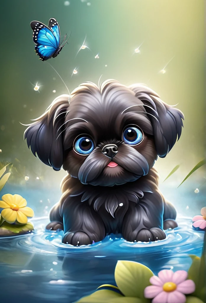 2 adorable very small very black Shih Tzu puppies with big bright blue eyes,extremely detailed eyes and face,longeyelashes,wearing blue collars and sunglasses,playing in creek,butterflies and flowers in background,3D Pixar style,photorealistic,masterpiece,vibrant colors,studio lighting,ultra-detailed,sharp focus,physically-based rendering,professional