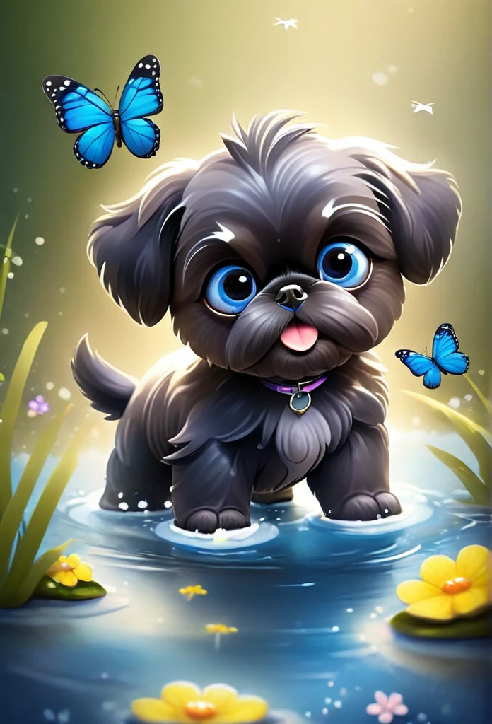 2 adorable very small very black Shih Tzu puppies with big bright blue eyes,extremely detailed eyes and face,longeyelashes,wearing blue collars and sunglasses,playing in creek,butterflies and flowers in background,3D Pixar style,photorealistic,masterpiece,vibrant colors,studio lighting,ultra-detailed,sharp focus,physically-based rendering,professional