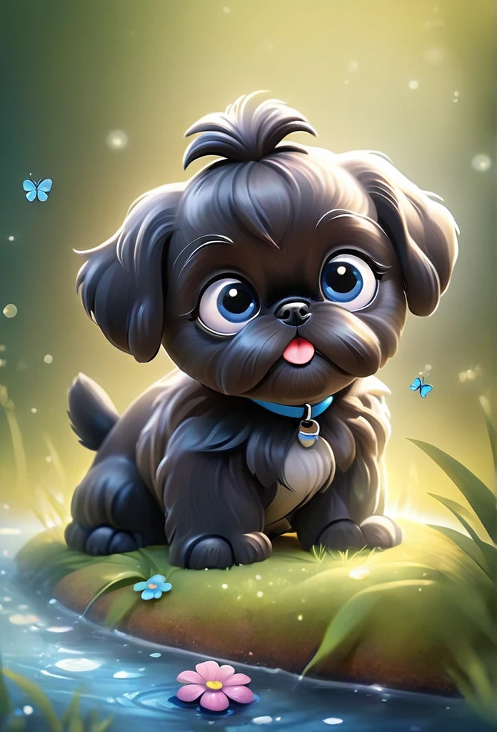 2 adorable very small very black Shih Tzu puppies with big bright blue eyes,extremely detailed eyes and face,longeyelashes,wearing blue collars and sunglasses,playing in creek,butterflies and flowers in background,3D Pixar style,photorealistic,masterpiece,vibrant colors,studio lighting,ultra-detailed,sharp focus,physically-based rendering,professional