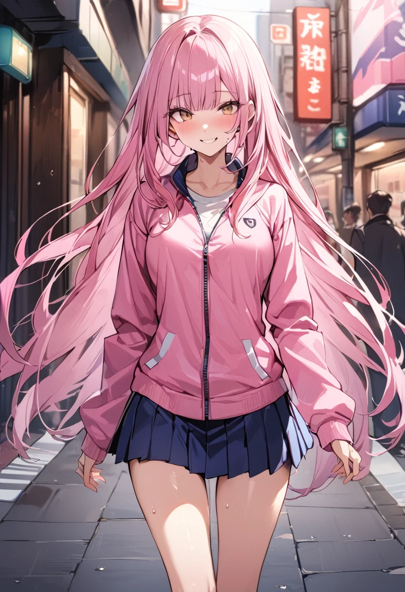 ((masterpiece,Highest quality:1.3,best quality illustration)),cowboy shot,独奏,1woman,(Mature Beauty),pink hair,straight long hair,bangs,brown eyes,(gorgeous eyes),((very small head)),fun,smile,((very long body,skinny)),medium breasts,((Pink baseball jacket、Navy blue pleated mini skirt)),gleaming skin,oily skin,slender body,sweat,standing,on street,Shibuya Station、