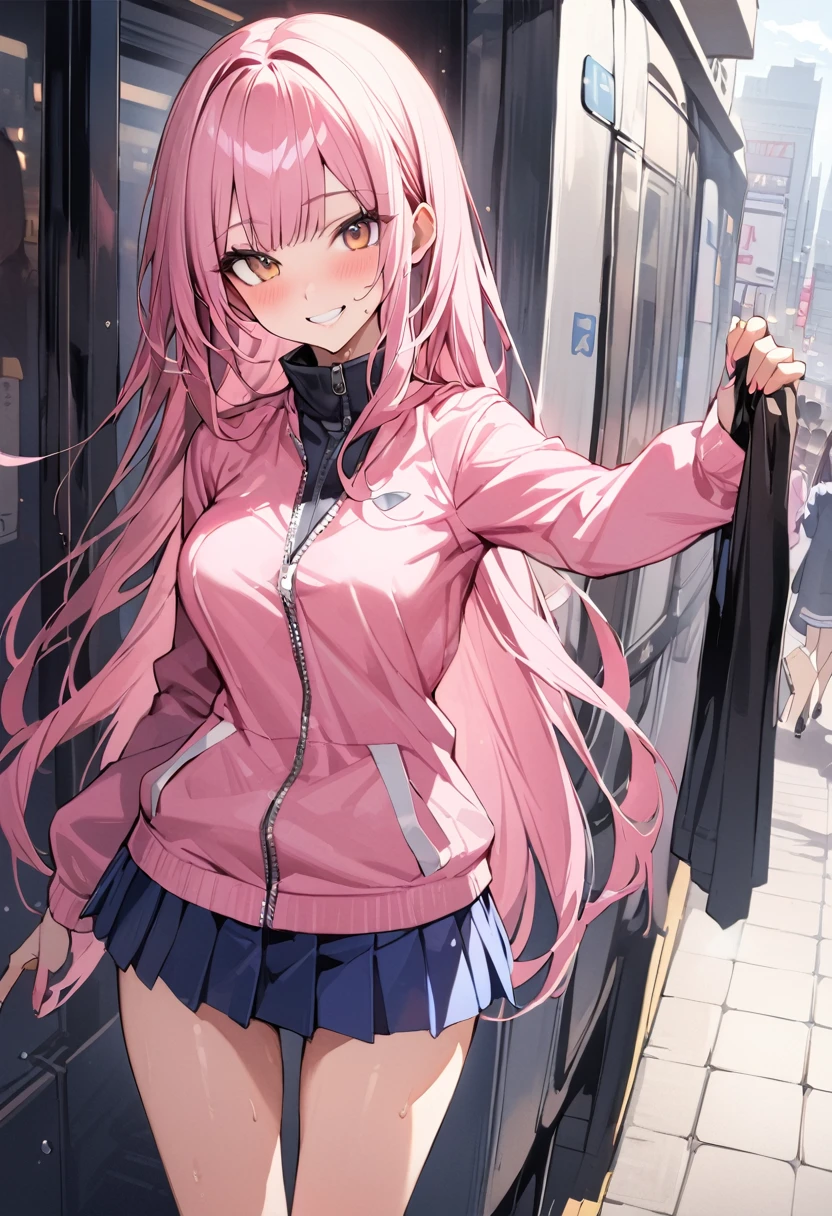 ((masterpiece,Highest quality:1.3,best quality illustration)),cowboy shot,独奏,1woman,(Mature Beauty),pink hair,straight long hair,bangs,brown eyes,(gorgeous eyes),((very small head)),fun,smile,((very long body,skinny)),medium breasts,((Pink baseball jacket、Navy blue pleated mini skirt)),gleaming skin,oily skin,slender body,sweat,standing,on street,Shibuya Station、