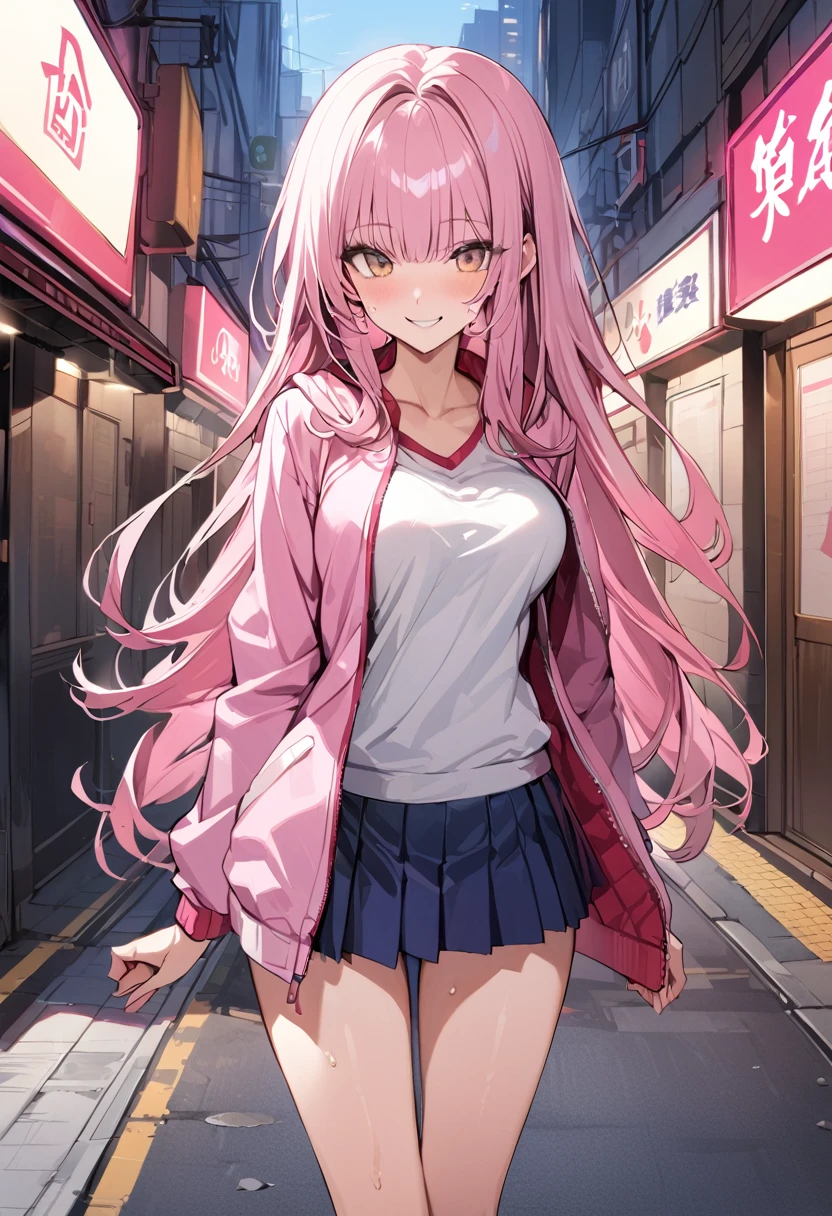 ((masterpiece,Highest quality:1.3,best quality illustration)),cowboy shot,独奏,1woman,(Mature Beauty),pink hair,straight long hair,bangs,brown eyes,(gorgeous eyes),((very small head)),fun,smile,((very long body,skinny)),medium breasts,((Pink baseball jacket、Navy blue pleated mini skirt)),gleaming skin,oily skin,slender body,sweat,standing,on street,Shibuya Station、