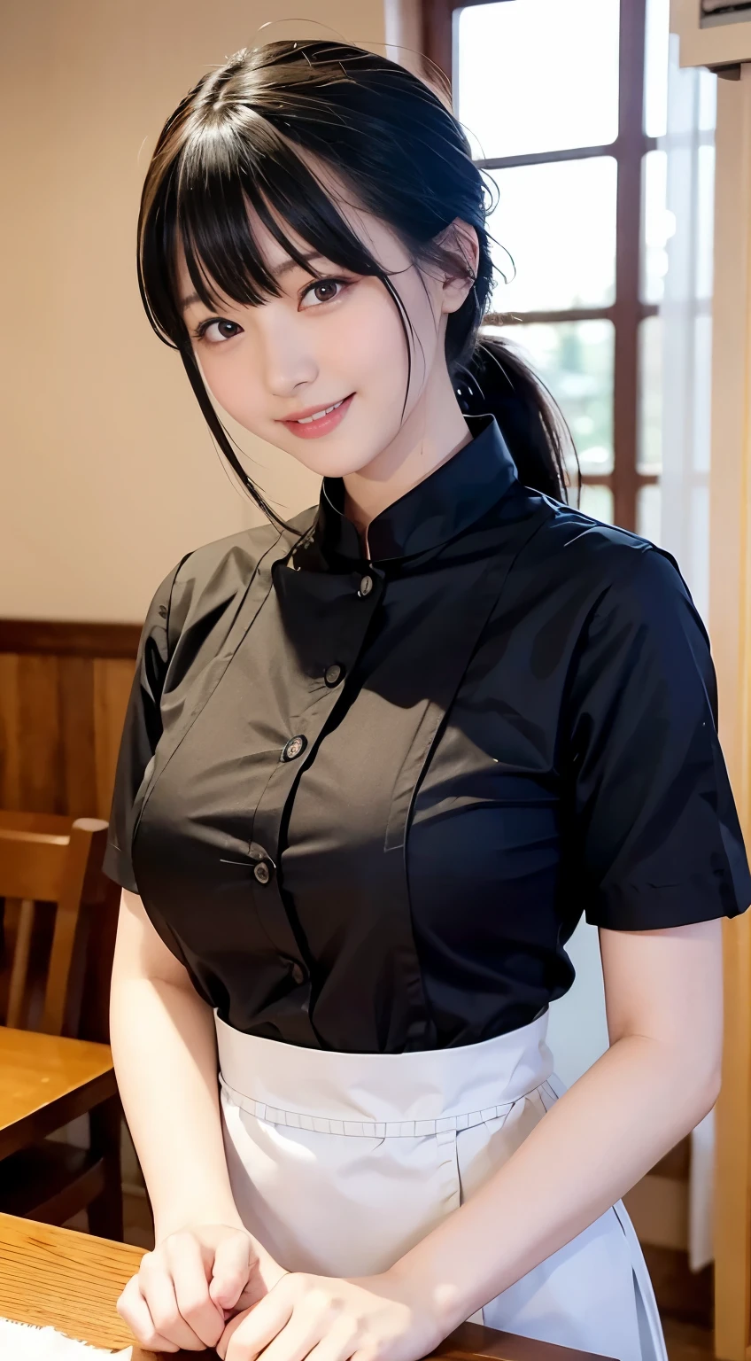 (Highest quality,masterpiece:1.3,Ultra-high resolution,),(Very detailed,Caustics),(Realistic:1.4,RAW shooting,)Ultra-Realistic Capture,Very detailed,High resolution 16K human skin closeup。 Natural skin texture、,pores、、、、It must be detailed enough to be easily identifiable。 Skin tone is even and healthy looking。 Use natural light and colour,restaurant,Waitress Uniform,1 girl,Japanese,18-year-old,cute,Black-haired,ponytail,Big Breasts,smile,Turn your body forward,(Front view:1.1),Looking into the camera,Cowboy Shot,