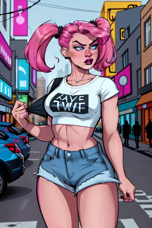 Close up of an  supermodel woman face, at a busy cluttered city street background, daytime, pale blue eyes, detailed short pink hair with pigtails and shaved sides haircut, freckles, blushing, pouting expression, single eyebrow raised, eye shadow, black lipstick, pierced eyebrow, big tits, wearing a loose baggy tshirt crop top, looking to the side, comic book style, flat shaded, prominent comic book outline linework