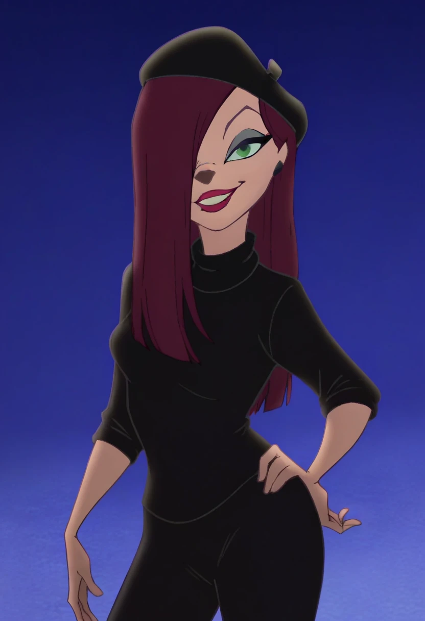 beretgirl, 1girl, long hair, beret, solo, purple hair, makeup, lipstick, black shirt, black pants, standing, green eyes, looking at viewer, score_9, score_8_up, score_7_up, score_6_up, score_5_up, score_4_up, looking at viewer, hand on own hip, cowboy shot,smile, hair over one eye, blue background,