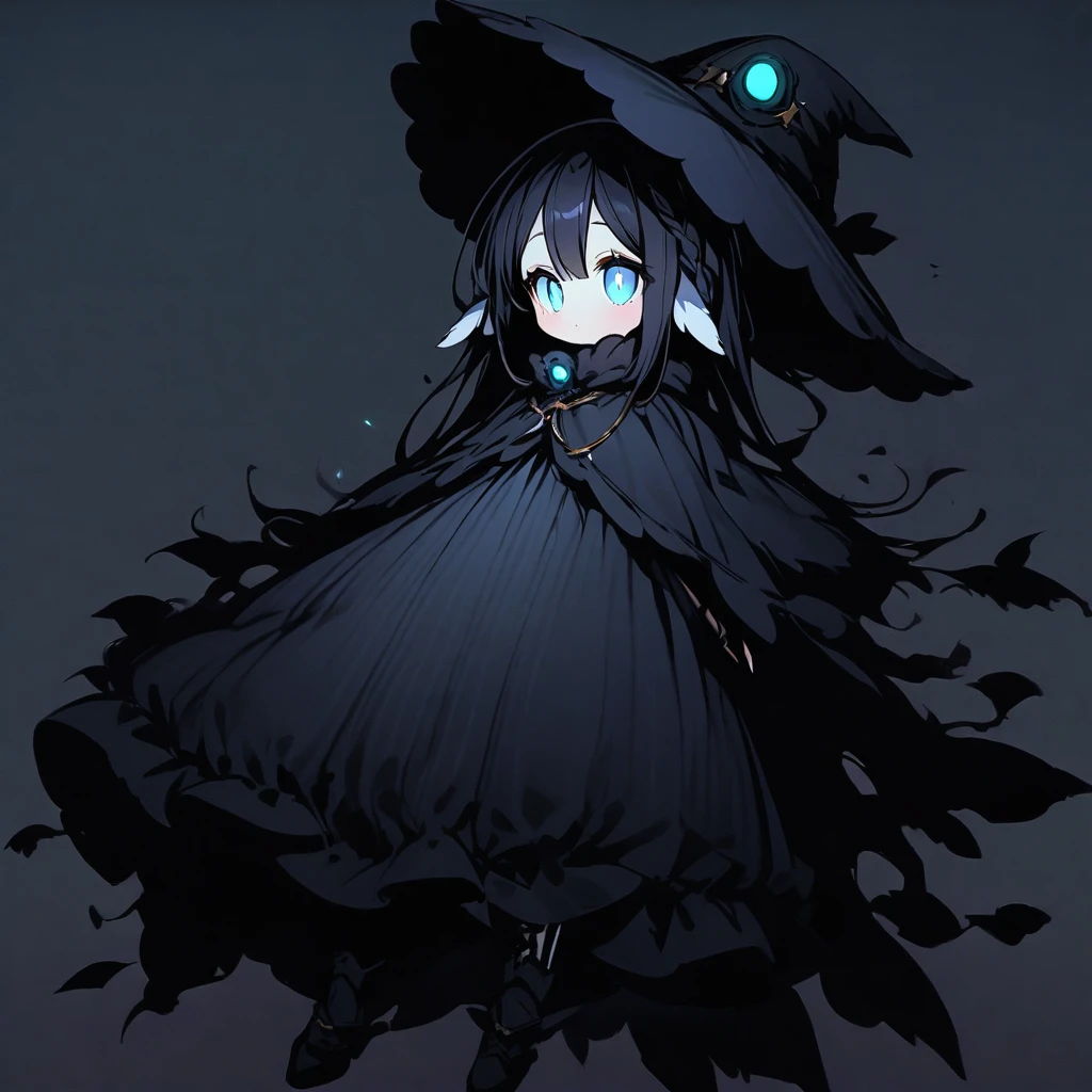 (well done: 1) small creature made completely of darkness, black hair, long straight hair, black sheep ears, black sheep tail, large hat, large white eyes, black poncho with hood, white dress stripped underneath, black boots .