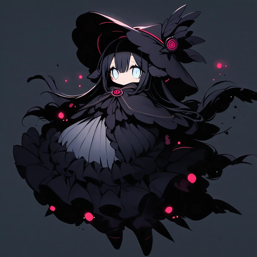 (well done: 1) small creature made completely of darkness, black hair, long straight hair, black sheep ears, black sheep tail, large hat, large white eyes, black poncho with hood, white dress stripped underneath, black boots .