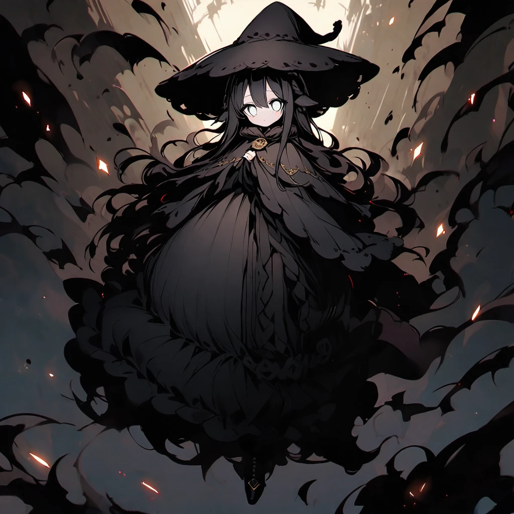 (well done: 1) small creature made completely of darkness, black hair, long straight hair, black sheep ears, black sheep tail, large hat, large white eyes, black poncho with hood, white dress stripped underneath, black boots .