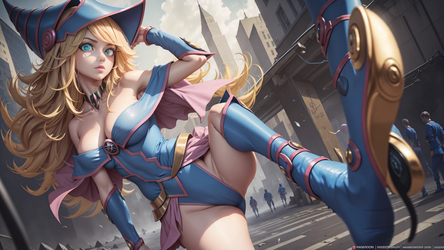 Dark Magician Girl, Oscura himself, by rubio, choker, (green eyes:1.5), broad,
ROMPER bare shoulders, blue shoes, blush, blush pegatinas, neckline, clavicle, duel monster, has, off the shoulder, pentacle, wizard has, (blue clothes:1.5), has tacones dorados. Wear gold heels, standing pose on one foot. PELELE with heels looking at the viewer,
Outdoor ROMPER, city,
BREAK (masterpiece:1.2), Best Quality, High resolution, unity wallpaper 8k, (illustration:0.8), (beautiful detailed eyes:1.6), extremely detailed face, perfect lighting, Extremely detailed CG, (perfect hands, perfect anatomy),