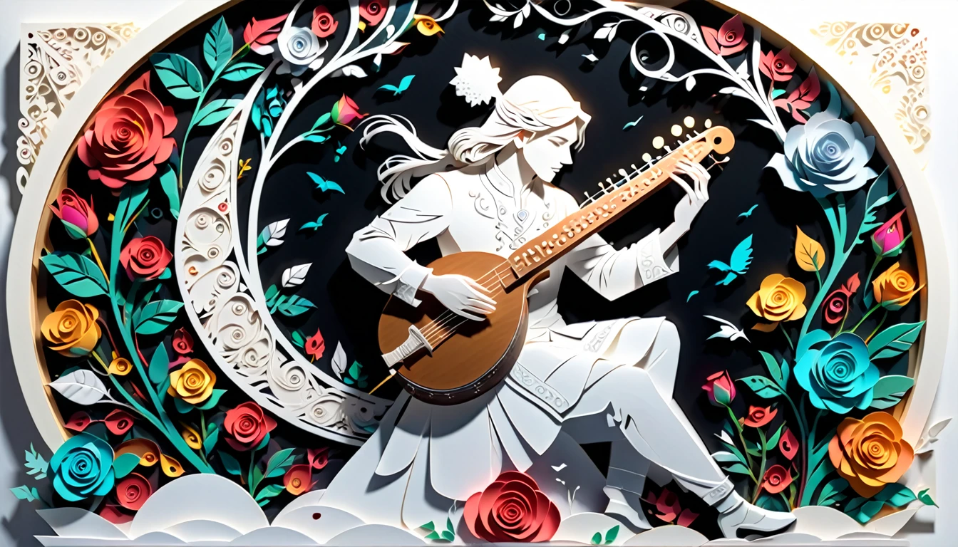 (hologram:1.5),Silhouette of a man playing the sitar,Colorful Roses,In winter,White Background,Paper Art,quilling Paper Art,Tangled, geometry,3D Rendering, Cinematic Lighting Effects