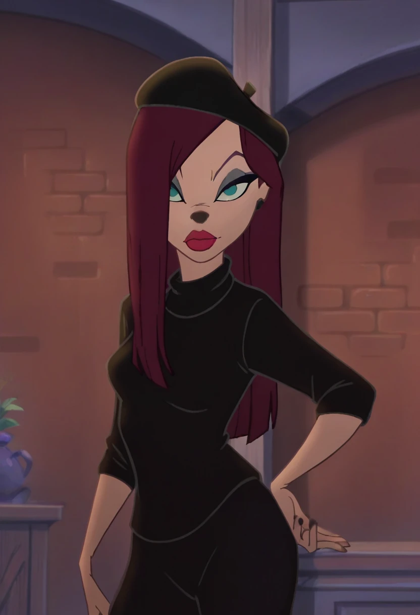 beretgirl, 1girl, long hair, beret, solo, purple hair, makeup, lipstick, black shirt, black pants, standing, green eyes, looking at viewer, score_9, score_8_up, score_7_up, score_6_up, score_5_up, score_4_up, looking at viewer, hand on own hip, cowboy shot,
