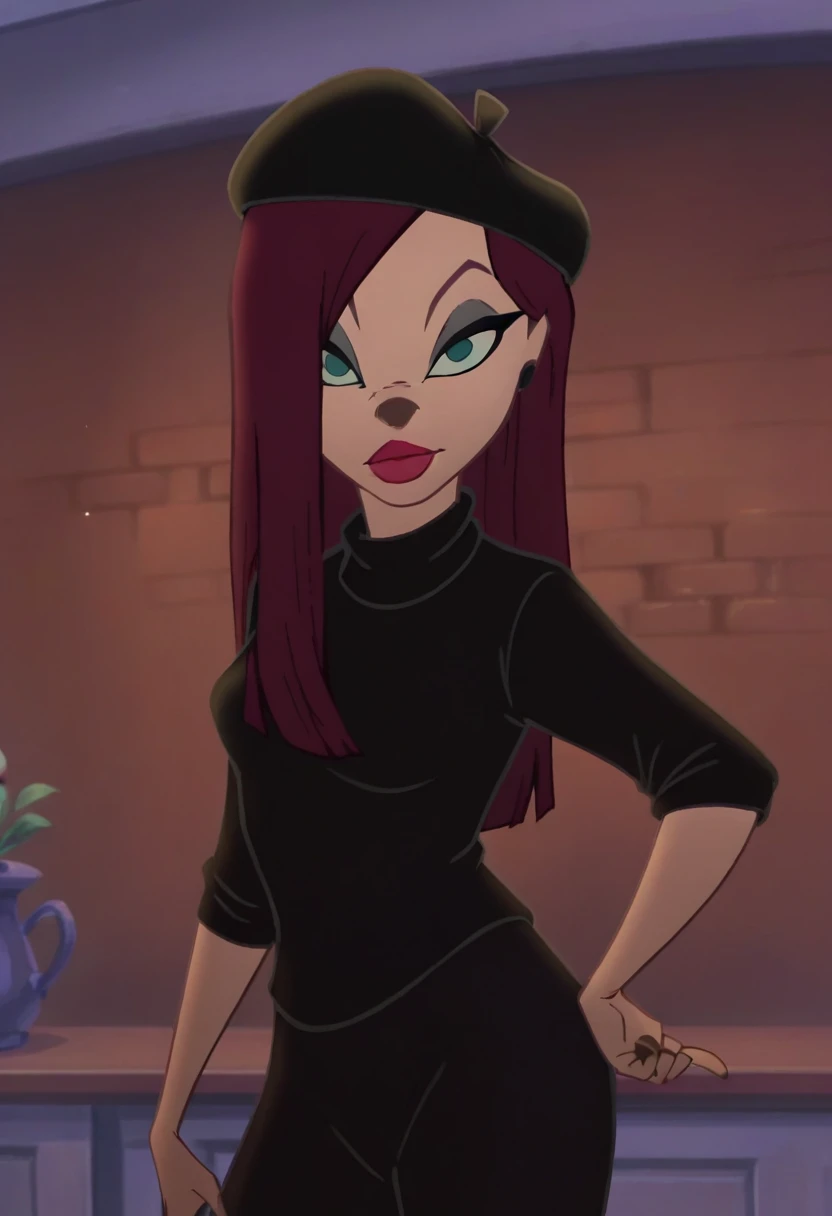 beretgirl, 1girl, long hair, beret, solo, purple hair, makeup, lipstick, black shirt, black pants, standing, green eyes, looking at viewer, score_9, score_8_up, score_7_up, score_6_up, score_5_up, score_4_up, looking at viewer, hand on own hip, cowboy shot,