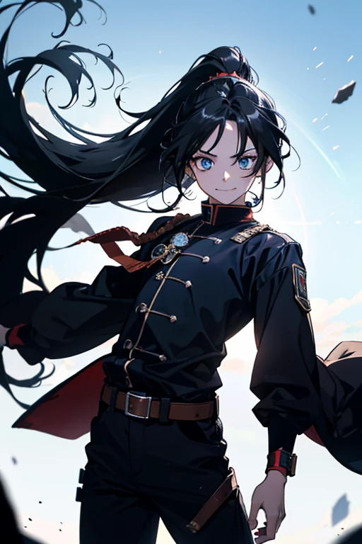 Gaze, Very long hair, Anatomically correct, Very long hair, ponytail, anime, Cowboy Shot, 8years old, boy, High resolution, falling, jumping, black hair, Simple Background, blue eyes, Upside down, Gaze, Open your mouth, smile, look up, Widescreen, Backlight,
