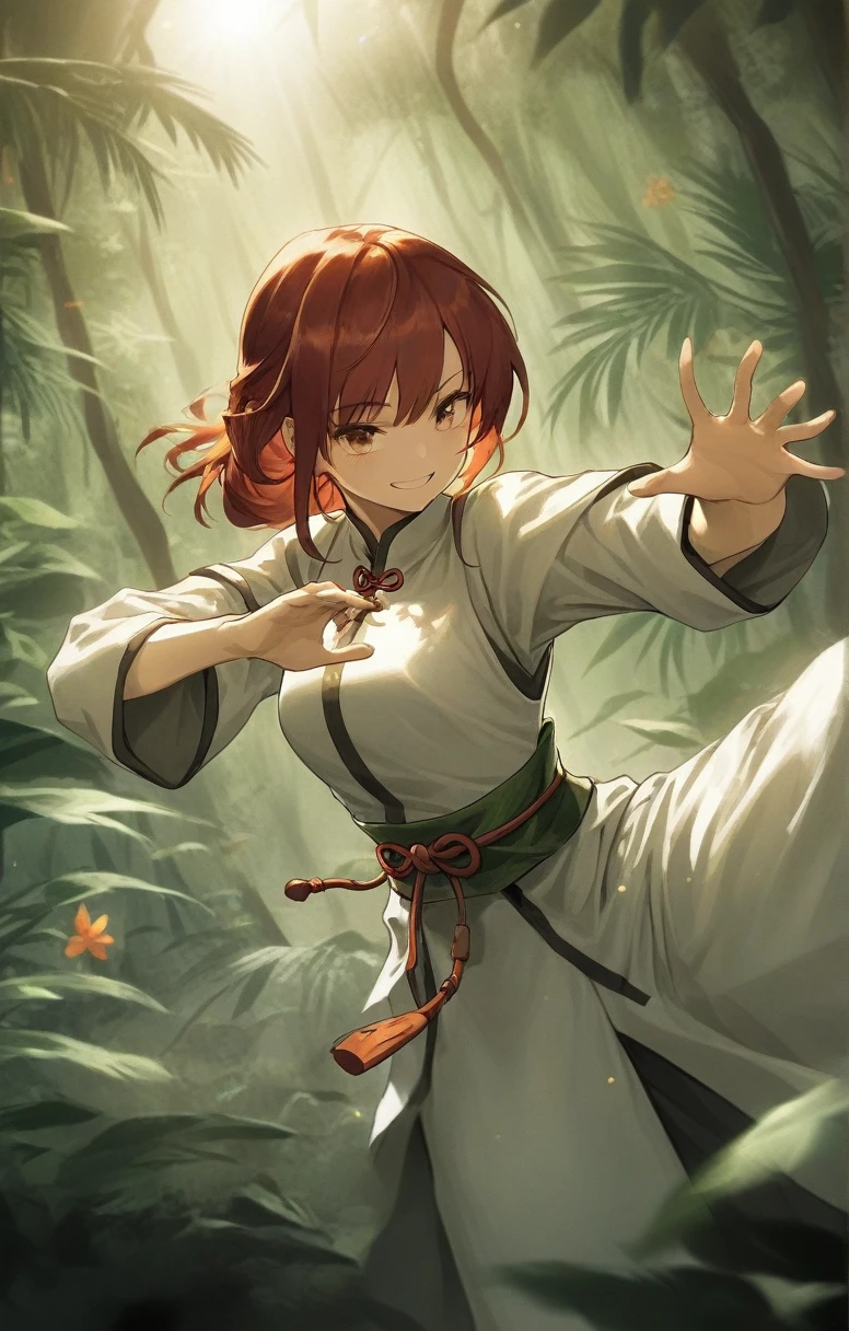 woman, human, adventurer, chinese costume, kung fu, elegant, flat chest, red hair ,happy ,sun light bloom ,jungle