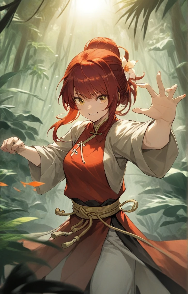 woman, human, adventurer, chinese costume, kung fu, elegant, flat chest, red hair ,happy ,sun light bloom ,jungle