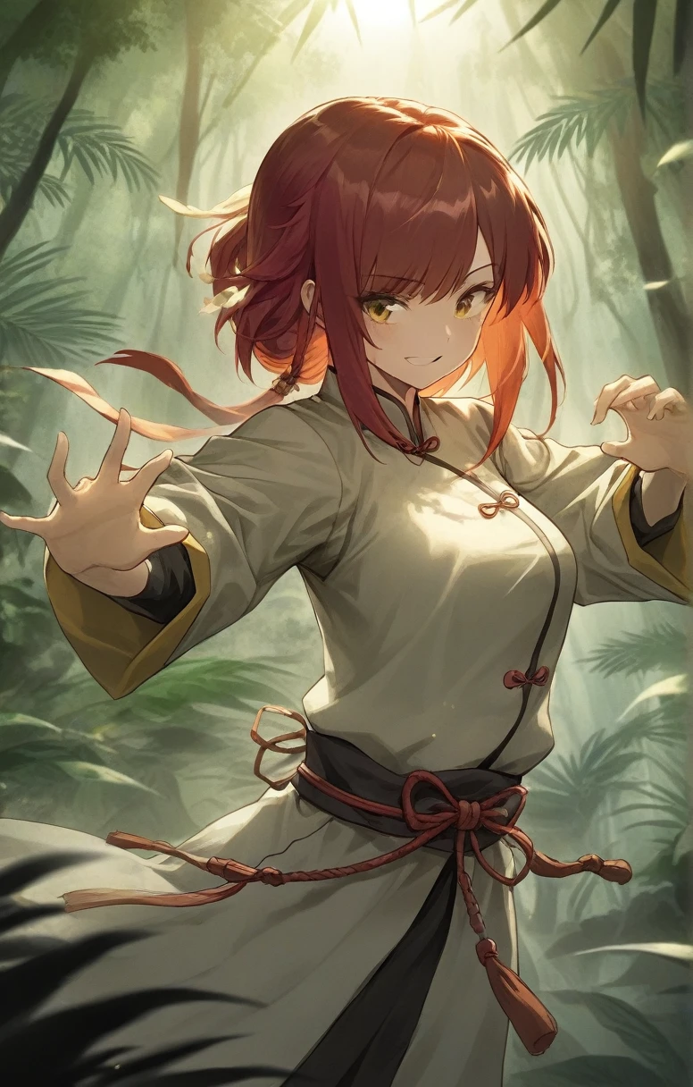 woman, human, adventurer, chinese costume, kung fu, elegant, flat chest, red hair ,happy ,sun light bloom ,jungle