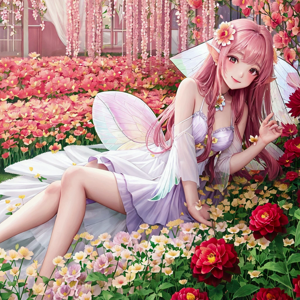 One girl, High resolution, Long Hair, Gaze, smile, (((Flower Fairy)))rose、Dahlia、Gypsophila、camellia、colorful
