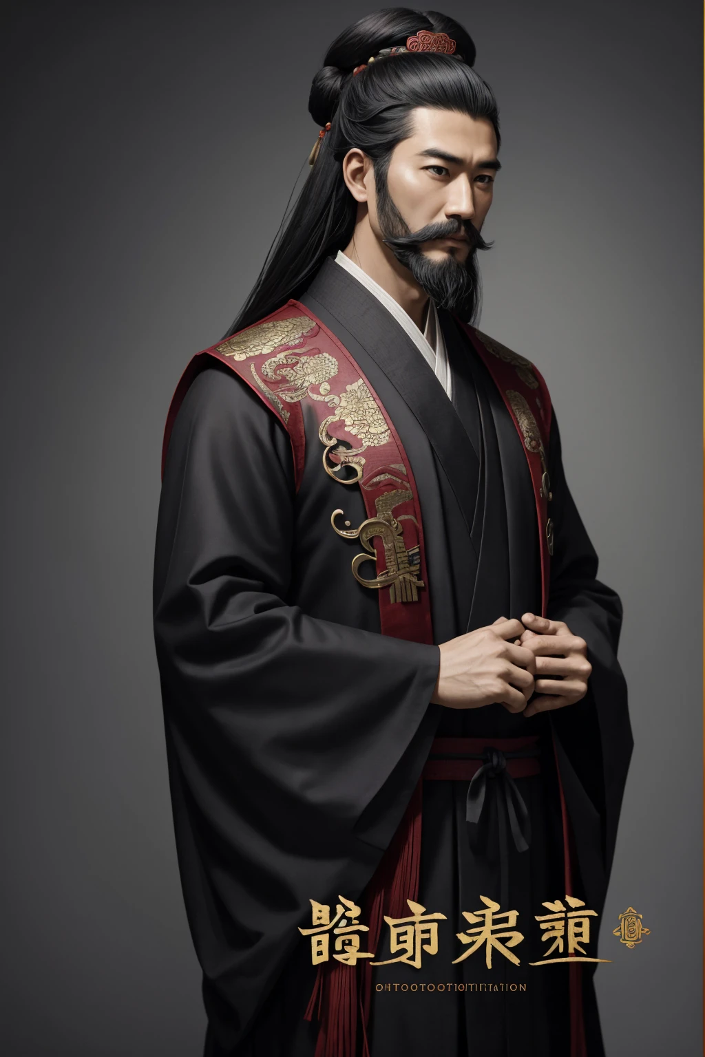 oriental、a adult man wearing ancient Chinese clothes: A black, long, layered robe, Han Tang Song Ming headdress, Eastern Han dynasty hairstyle, three kingdoms、Black clothes、long beard, mustache, inspired by caocao, top-quality、masterpiece、超A high resolution、(Photorealsitic:1.4), looking at viewer, male focus, realistic