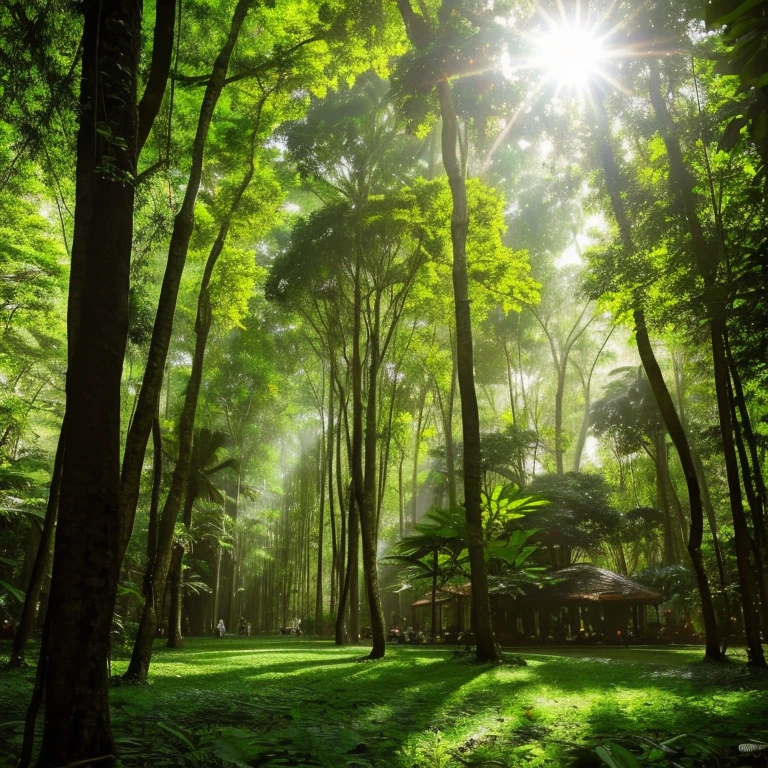 The grove is characterized by its lush greenery, with a dense canopy formed by centuries-old trees. Sunlight filters through the leaves, casting dappled shadows on the forest floor. The air is filled with the scent of flowers and the gentle hum of insects, creating a peaceful and calming environmen