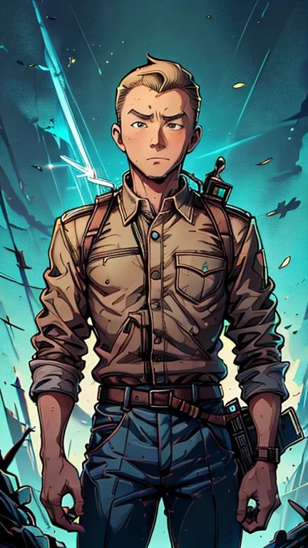 (s:1boy: Tintin,1man, Tintin,1boy, ), (extremely detailed CG unit 8k wallpaper),(master part), (best quality), (ultra detali), (best illustration),(melhor ombre), cowboy shot, (Sharp eyeliner, ombre, detailedeyes:1), neon light marlinspike background, ,break , (star15escola:1.2), upper body,short hair , grey hair, 1man, Tintin,1boy, blue top, brown pant