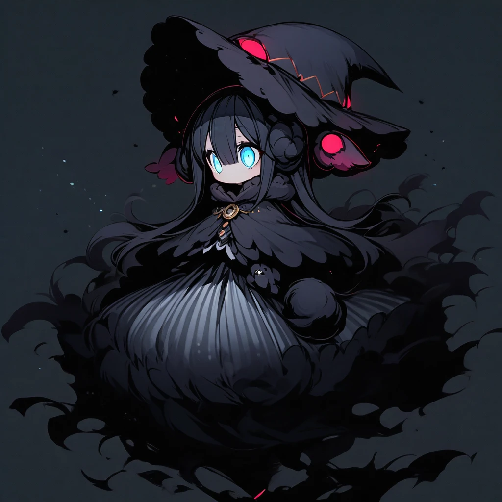 (well done: 1) small creature made completely of darkness, black hair, long straight hair, black sheep ears, black sheep tail, large hat, large white eyes, black poncho with hood, white dress stripped underneath, black boots .