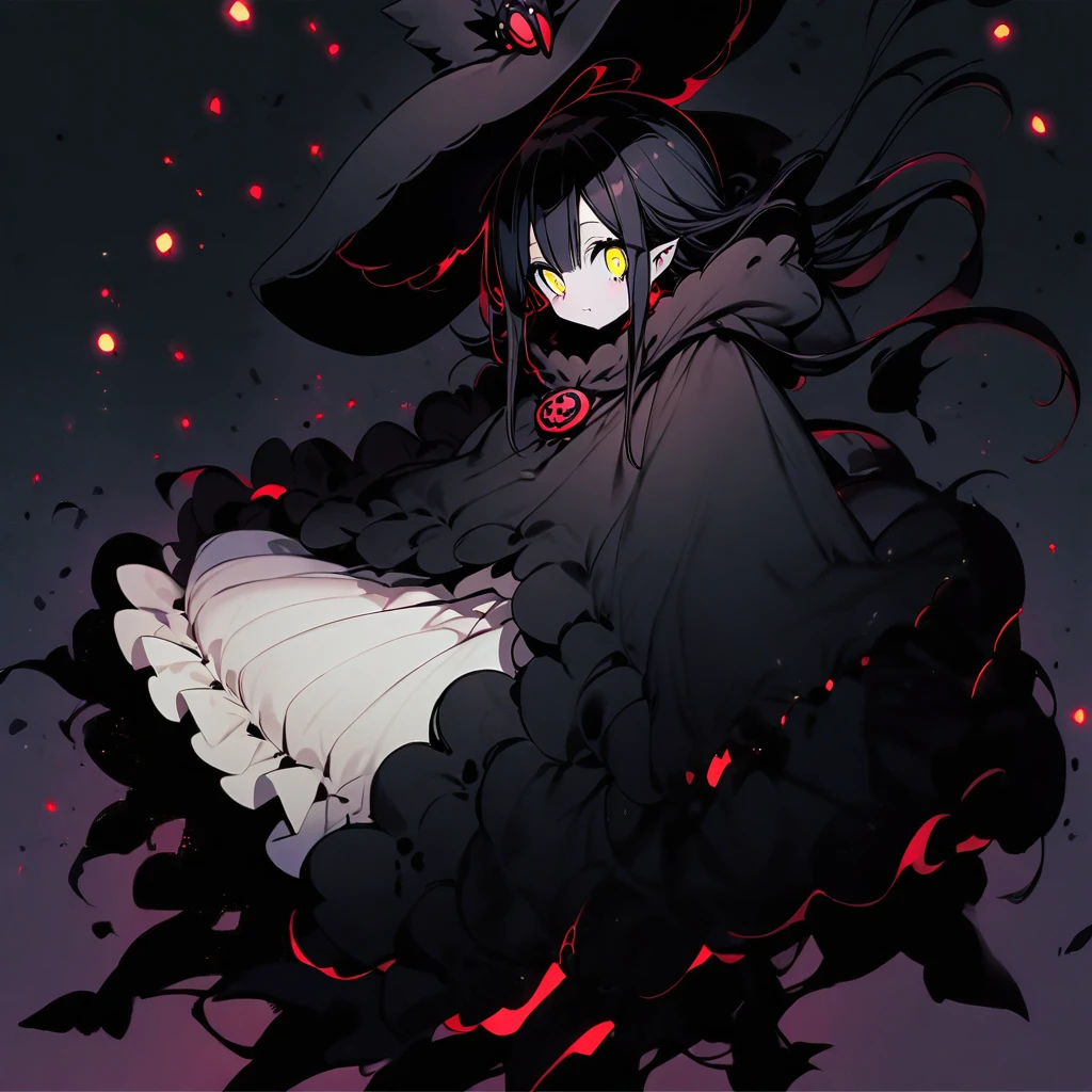 (well done: 1) small creature made completely of darkness, black hair, long straight hair, black sheep ears, black sheep tail, large hat, large white eyes, black poncho with hood, white dress stripped underneath, black boots .