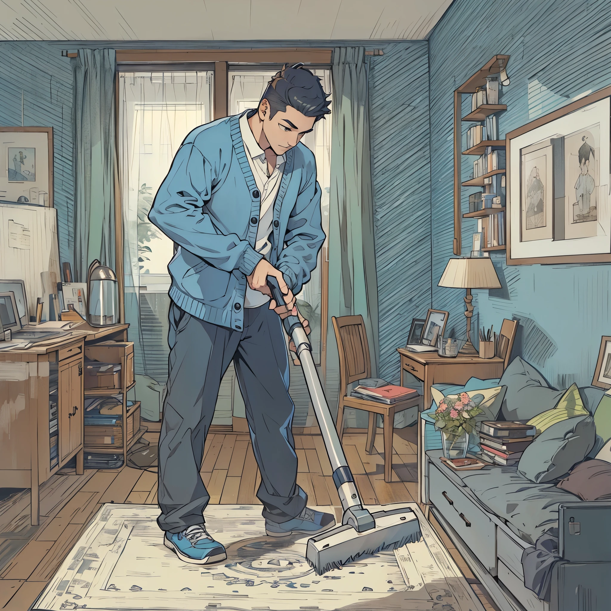 In the image of the MBTI administrator、Create an image of a man wearing a blue cardigan vacuuming in his apartment.。