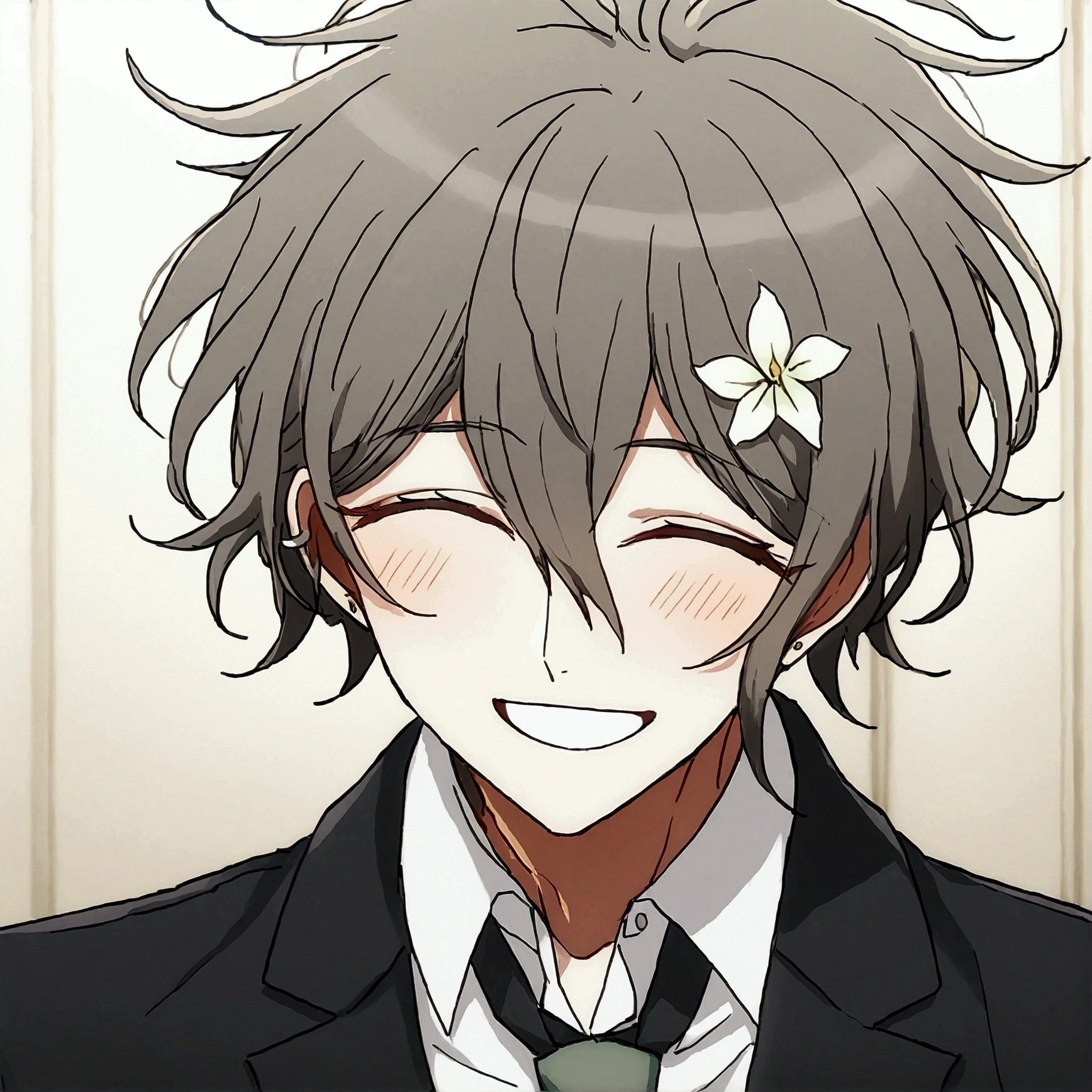 Anime male, pastel green heart eye iris, black fluffy messy hair, black suit, peaceful aura, peaceful tint, peaceful background, happy smile, laughing, green tie, white men dress, white flower on hair