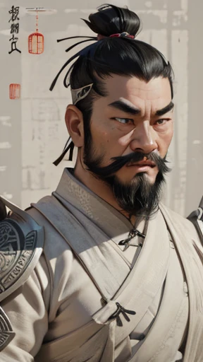 (((Monochrome)))、(((Ink Painting)))、Oriental、Ultra-high resolution、(Realistic:1.4)、Game Poster、Crisp and beautiful image quality、beard、ancient chinese hairstyle men、Embroidered cloth wrapped around a topknot、whole body ,(Ancient Chinese armor, Dragon head on shoulder,  (Skin of color, ),(黒beard):1.2), (Ancient Chinese armor with intricate pattern:1.2), gloves, Long trousers, (Very detailed, bloom:1.5), (Highest quality, Concept Art, 4K), (analog:1.2), (high sharpness), (Detailed pupil:1.1), (Painting:1.1), Detailed face and eyes, masterpiece, Highest quality,8k,  (Black Hair, Dynamic Short Hair), (PurerosFace_v1:0.2), [:(Detailed face:1.2):0.2], sharp, Realistic, Realistic Shadow, 