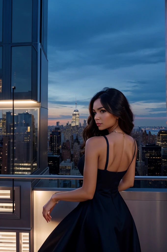 Aesthetic pretty, beautiful  woman, wearing an elegant pretty dress, looking at the cityline, with her back in view, on the rooftop with the background of the new york city , cityline , dark night aesthetic, dark night