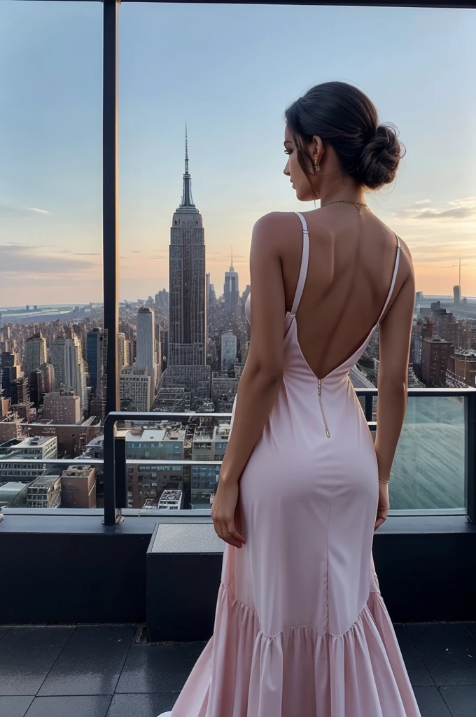 Aesthetic pretty, beautiful  woman, wearing an elegant pretty dress, looking at the cityline, with her back in view, on the rooftop with the background of the new york city , cityline , dark night aesthetic, dark night