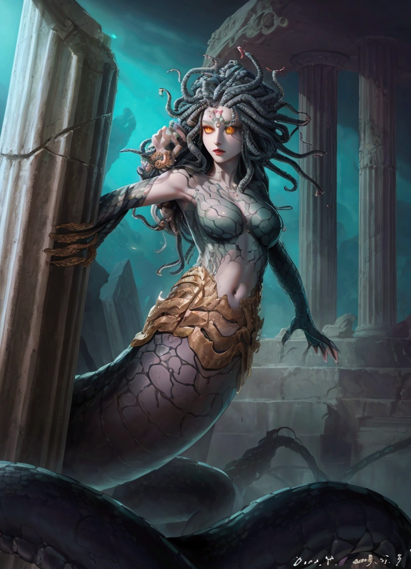 Medusa a woman In Greek mythology, Medusa, also called Gorgo,  a human female with living venomous snakes in place of hair, dark, moody, dark fantasy style