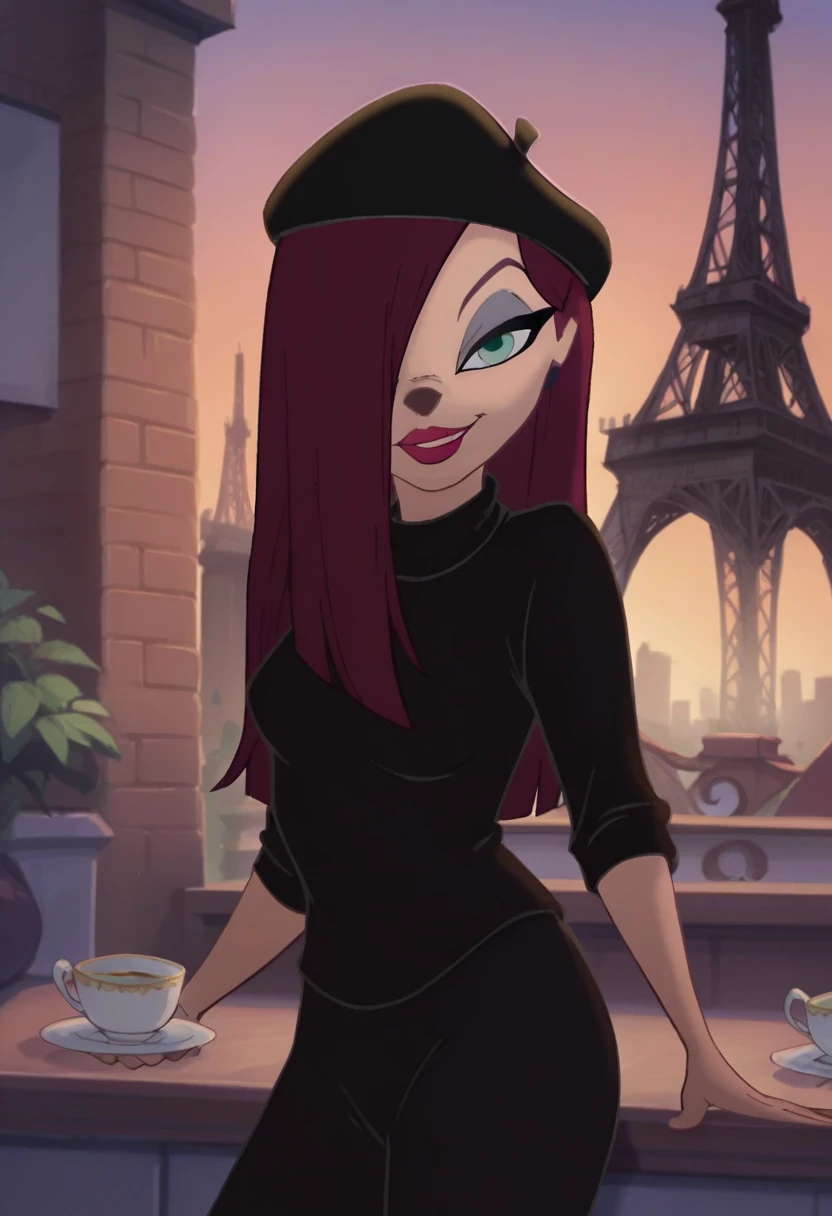 beretgirl, 1girl, long hair, beret, solo, purple hair, makeup, lipstick, black shirt, black pants, standing, green eyes, looking at viewer, score_9, score_8_up, score_7_up, score_6_up, score_5_up, score_4_up, looking at viewer,eiffel tower,city, cowboy shot,smile, hair over one eye, outdoors, cafe, sitting, teacup,