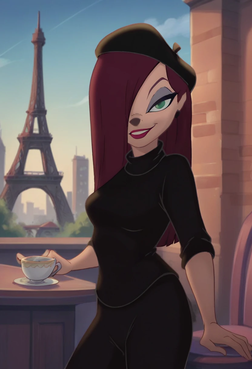 beretgirl, 1girl, long hair, beret, solo, purple hair, makeup, lipstick, black shirt, black pants, standing, green eyes, looking at viewer, score_9, score_8_up, score_7_up, score_6_up, score_5_up, score_4_up, looking at viewer,eiffel tower,city, cowboy shot,smile, hair over one eye, outdoors, cafe, sitting, teacup,